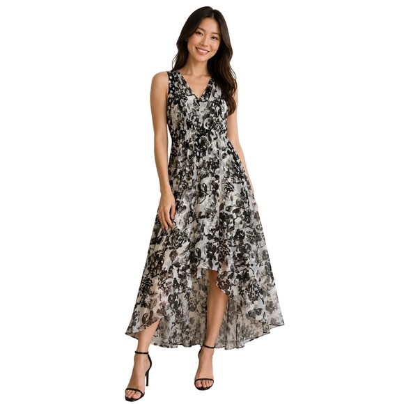 Simply Vera Vera Wang Dresses & Skirts - Simply Vera Vera Wang High Low Dress Womens L Black White Floral Chiffon V-Neck